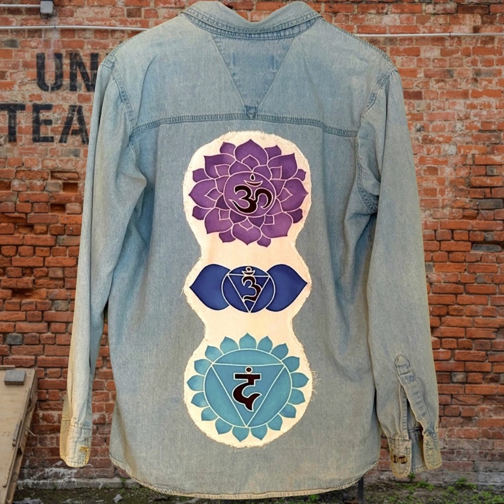 Upcycled chakra patched cotton denim shirt